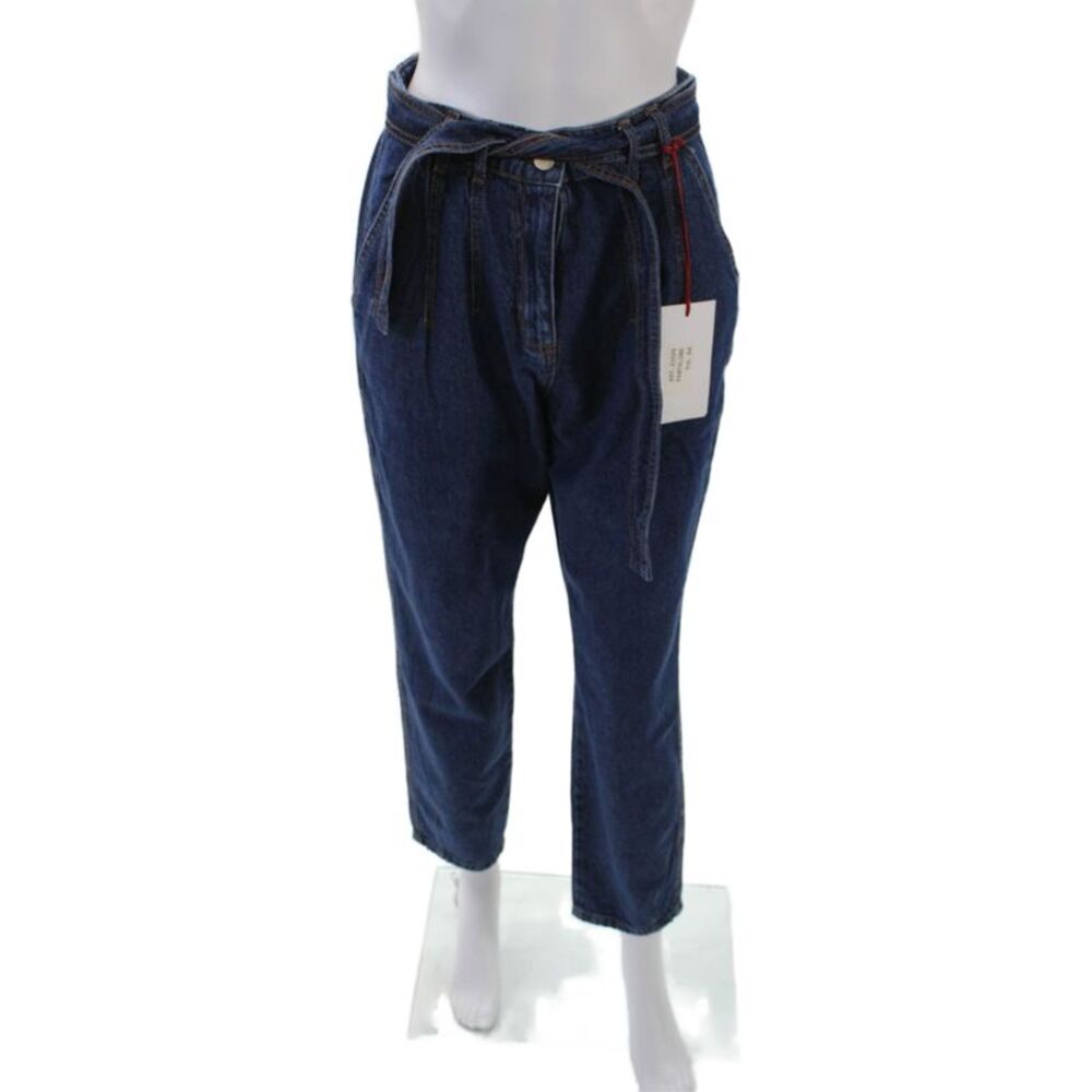 Ylam Jeans Womens Cotton Denim Belted High-Rise Tapered Jeans Blue Size M